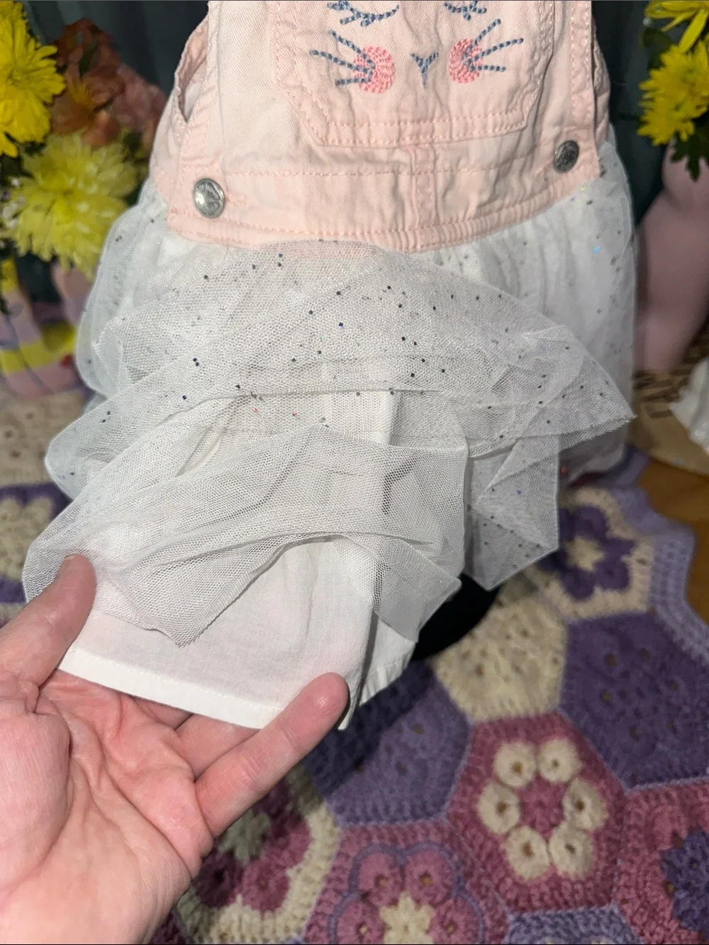 🎉Girls Pink Bunny Pocket Overall Dress with White Tulle Skirt. C314